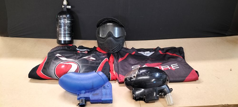 Lot 399: An Assortment of 6 Pure Energy VForce Dye and Viewloader Paintball Equipment and Apparel