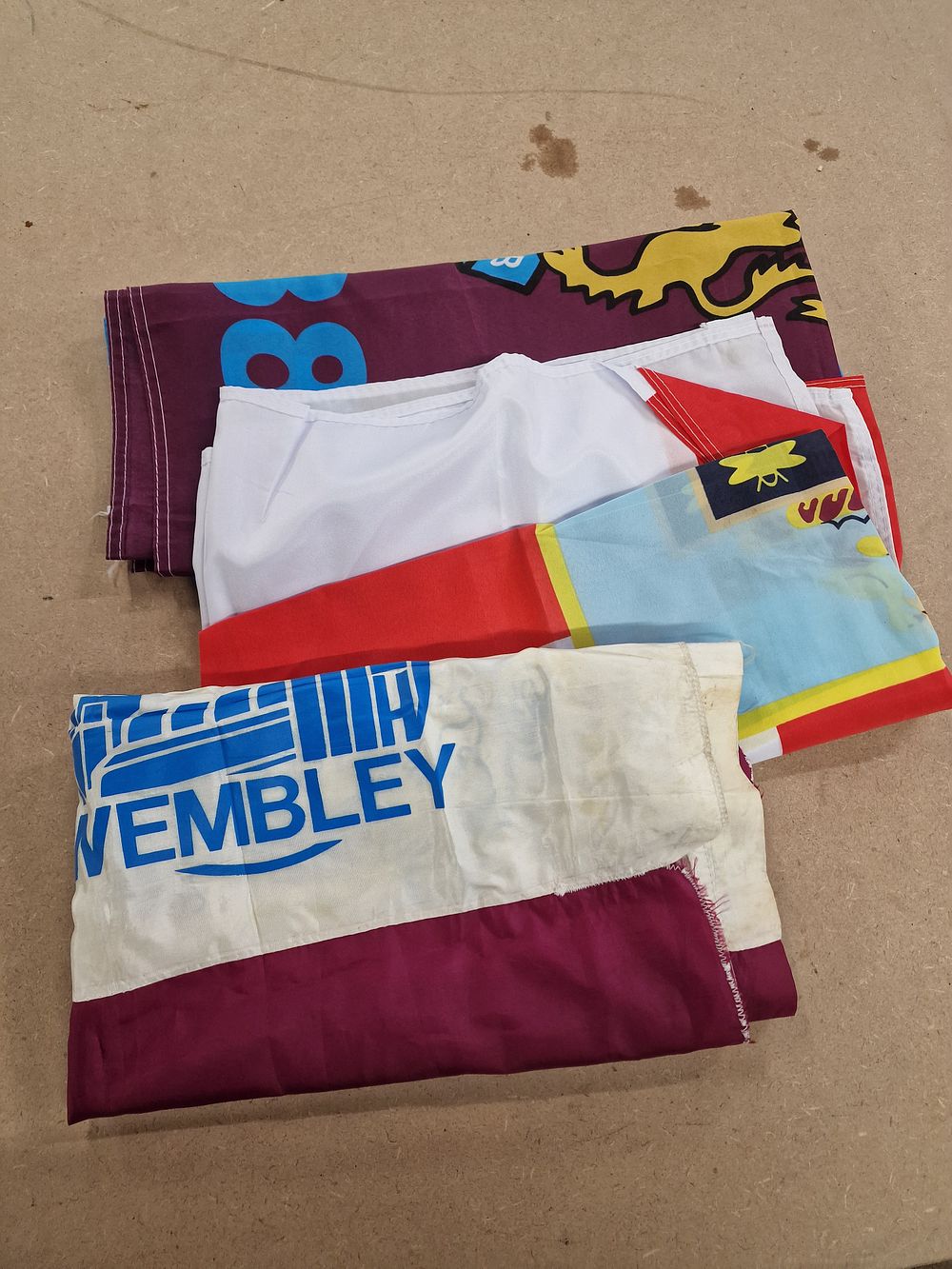 Lot 487: 3 Printed Burnley Football Club Textile Flags including 1988 Sherpa Van Trophy Commemorative