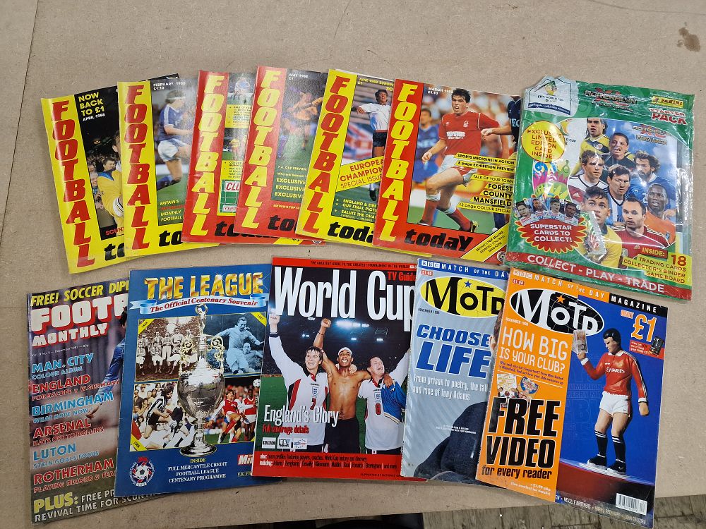 Lot 495: A Collection of 12 Vintage Football Magazines and Panini Adrenalyn XL Starter Pack