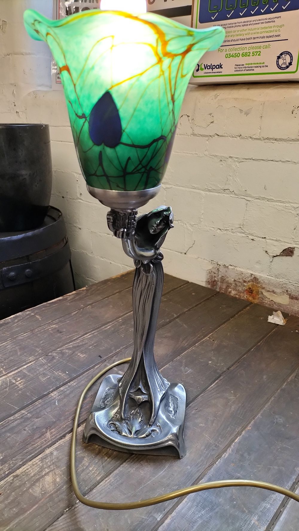 Lot 166: A Single Art Nouveau Style Cast Metal and Iridescent Glass Table Lamp