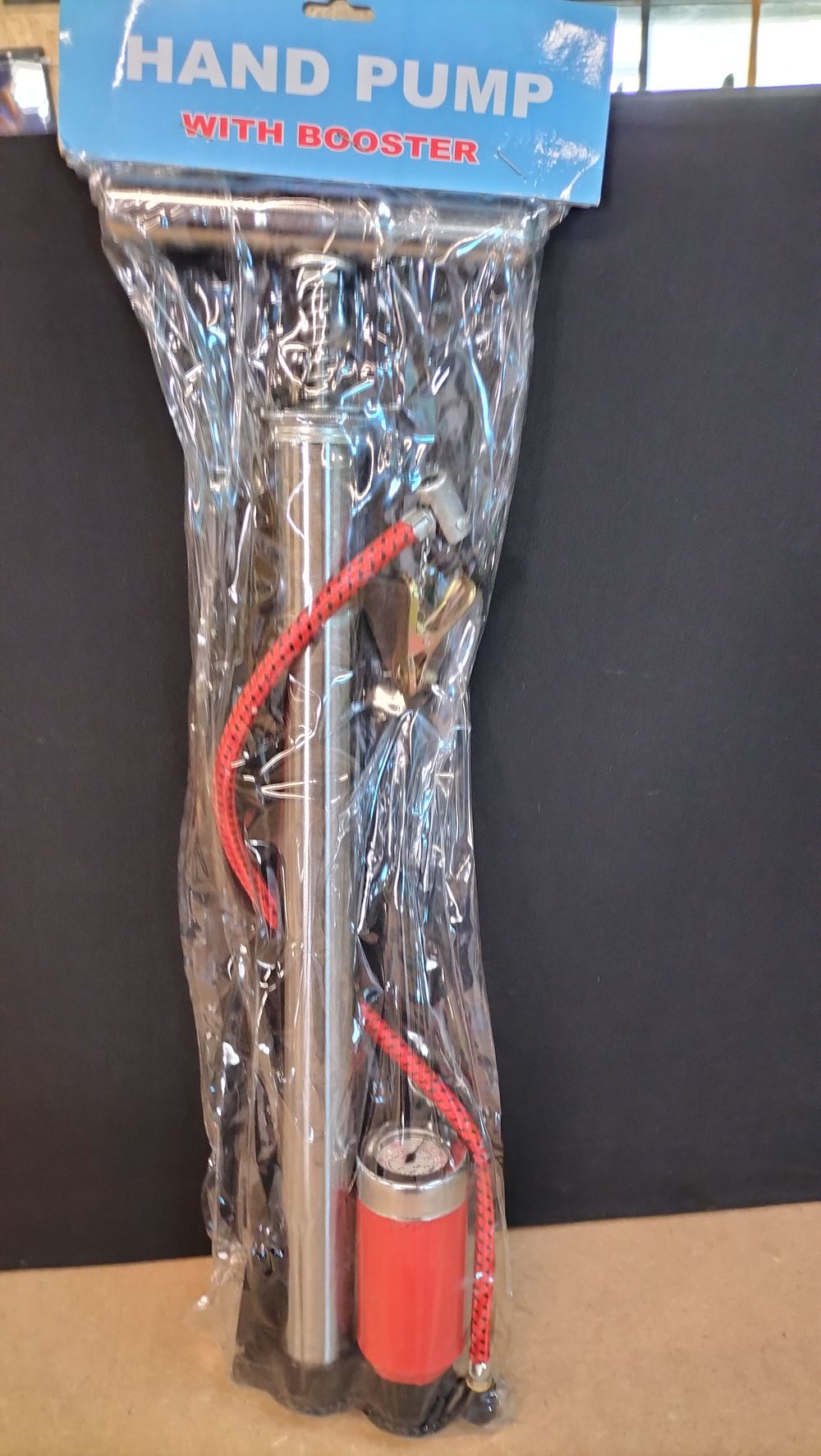 Lot 258: A Brand New Chrome and Red Metal Manual Floor Hand Pump with Booster