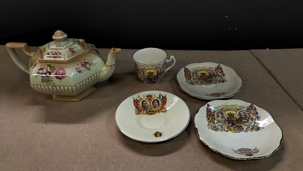 Lot 265: A Collection of 5 Earthenware Crown Ducal Royal Commemorative Wares and Floral Teapot
