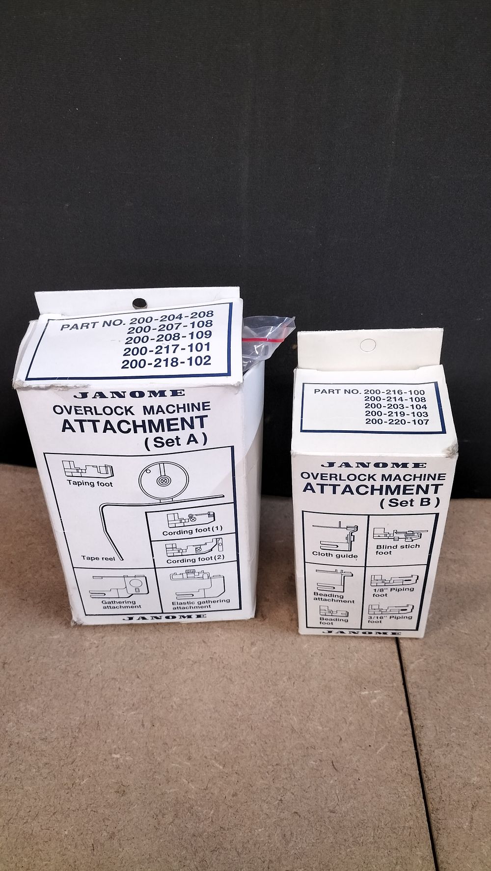 Lot 338: 2 Metal and Plastic Janome Overlock Machine Attachment Sets (Set A) and (Set B)