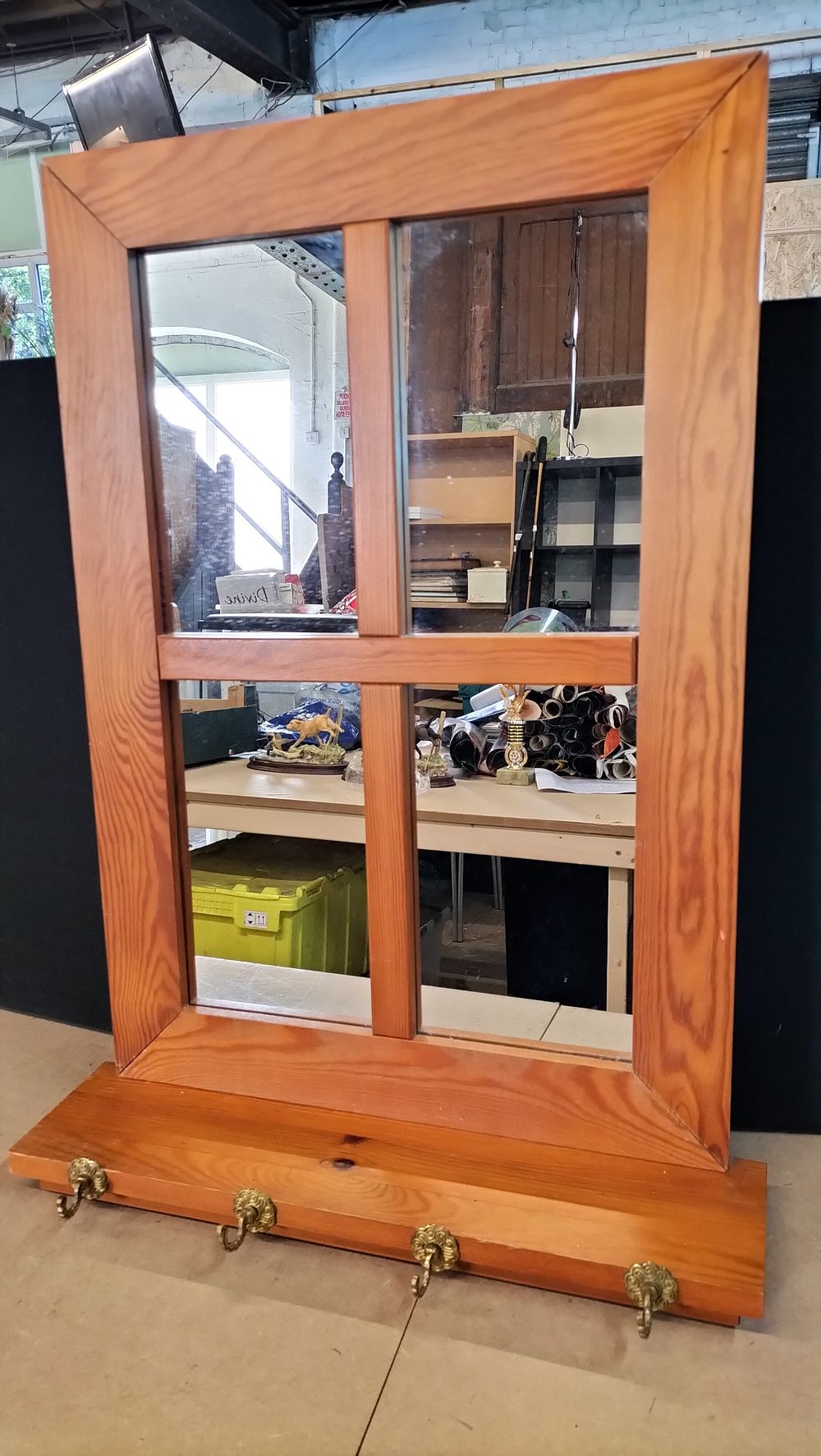 Lot 159: A Pine Four Pane Window Style Hall Mirror with Shelf and Hooks