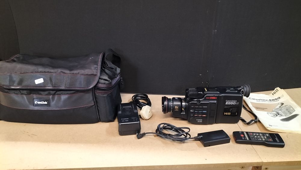 Lot 163: Canon Canovision E850Hi Hi8 8mm Video Camcorder and Accessories