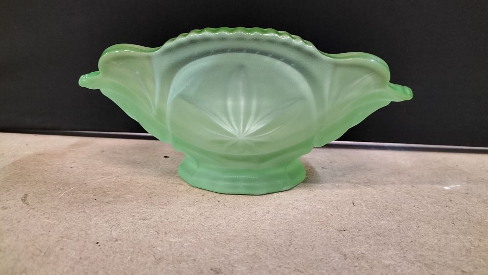 Lot 215: A Frosted Green Pressed Glass Scalloped Pedestal Bowl