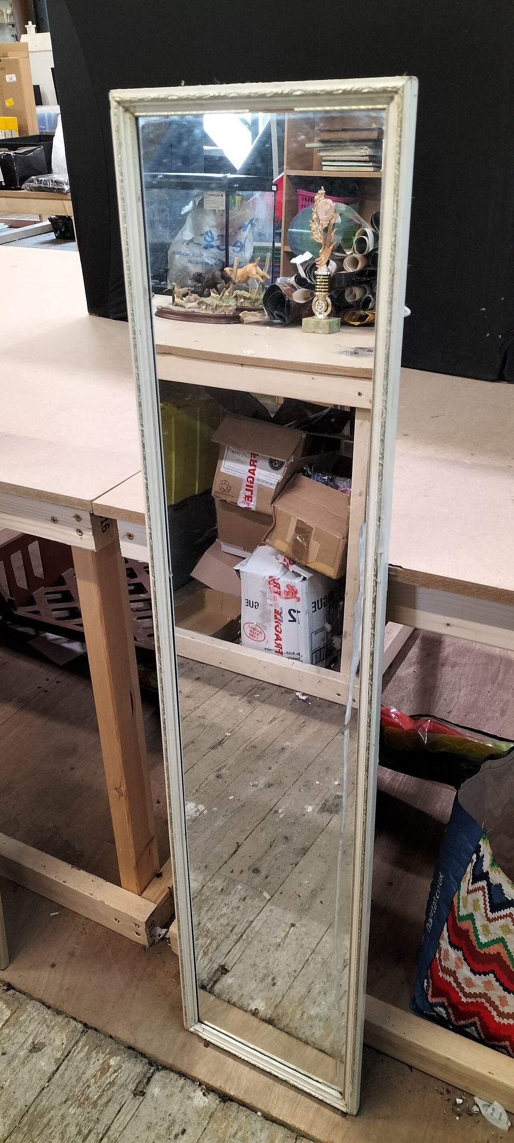 Lot 256: Full Length Distressed Off-White Painted Composite Mirror