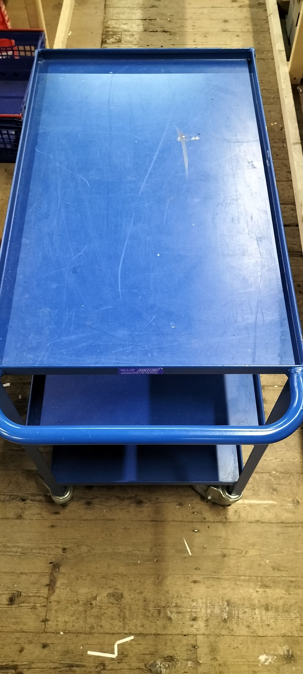 Lot 280: An Ease-E-Load Trolleys Ltd. Three-Tier Blue Steel Workshop Trolley
