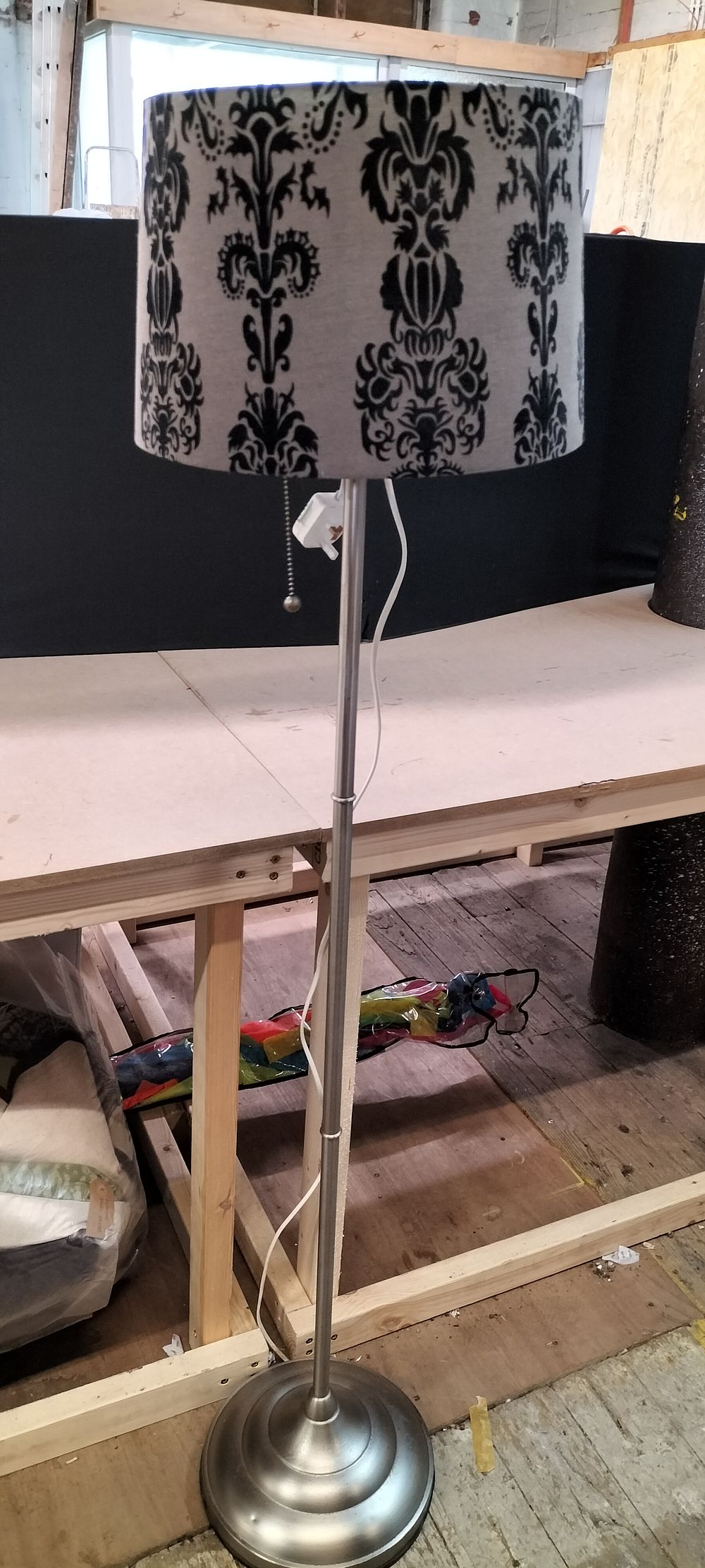 Lot 296: A Brushed Metal Floor Lamp with Patterned Damask Fabric Shade