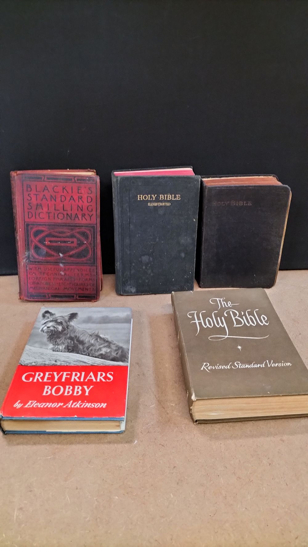 Lot 311: 5 Hardcover Books including Collins' Clear-Type Press Bibles and Blackie's Shilling Dictionary (DJ)