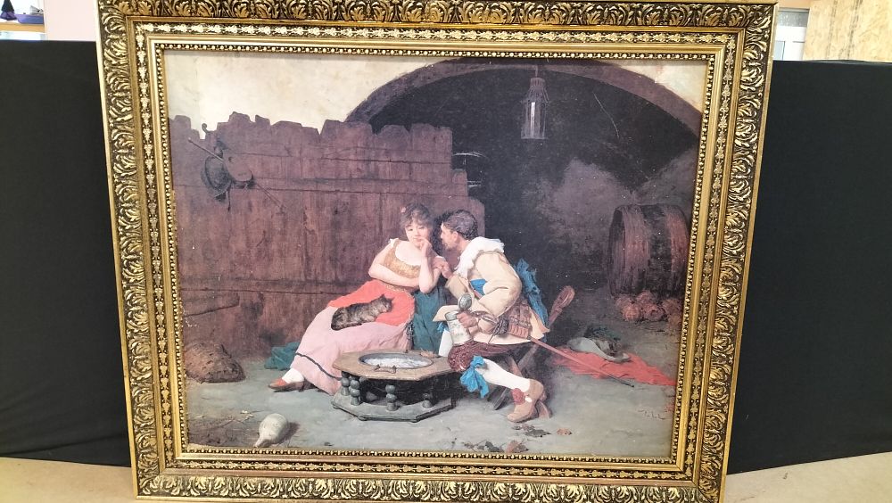 Lot 330: Print by R. Ashcroft 1981 of the original by Joshua Reynolds 1775-76.Titled Flirtation in the Wine Cellar,
