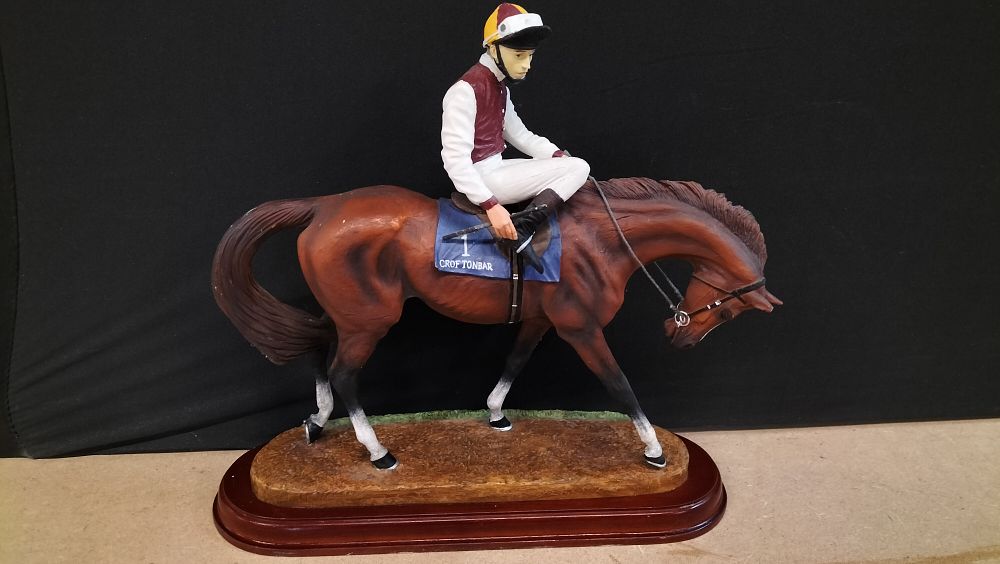 Lot 338: A Hand-Painted Originalities Composite Racehorse and Jockey Figurine, Croftonbar