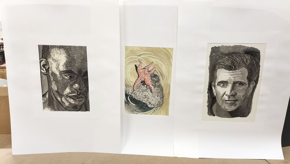 Lot 350: 3 Original Illustrations on Paper Including a Portrait of Mel Gibson