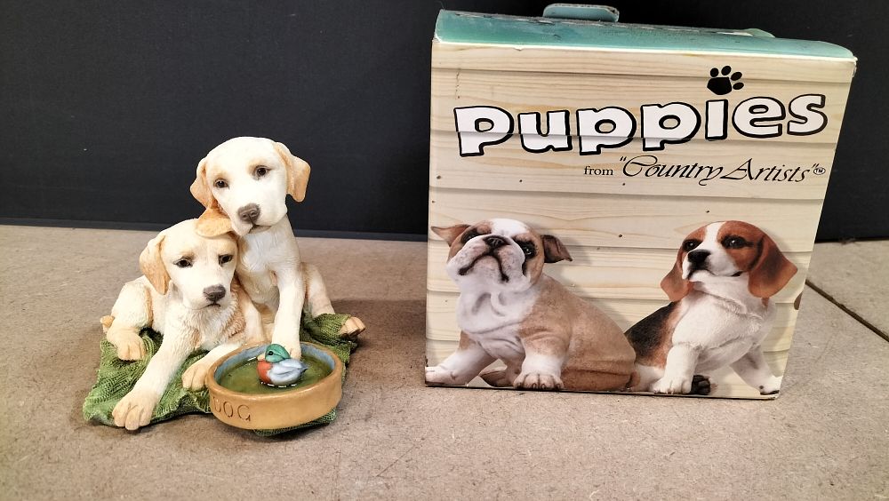 Lot 370: Country Artists Labrador Puppies & Dog Bowl Resin Figurine, 02262