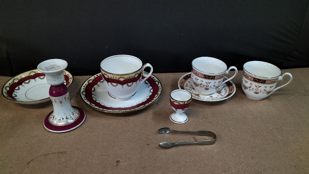 Lot 372: An Assortment of English Bone China Tableware and a Pair of Silver Plated Sugar Tongs