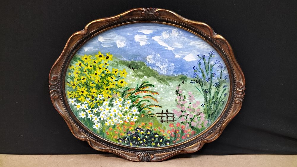 Lot 375: Floral Landscape with Wildflowers, Acrylic on Shaped Panel