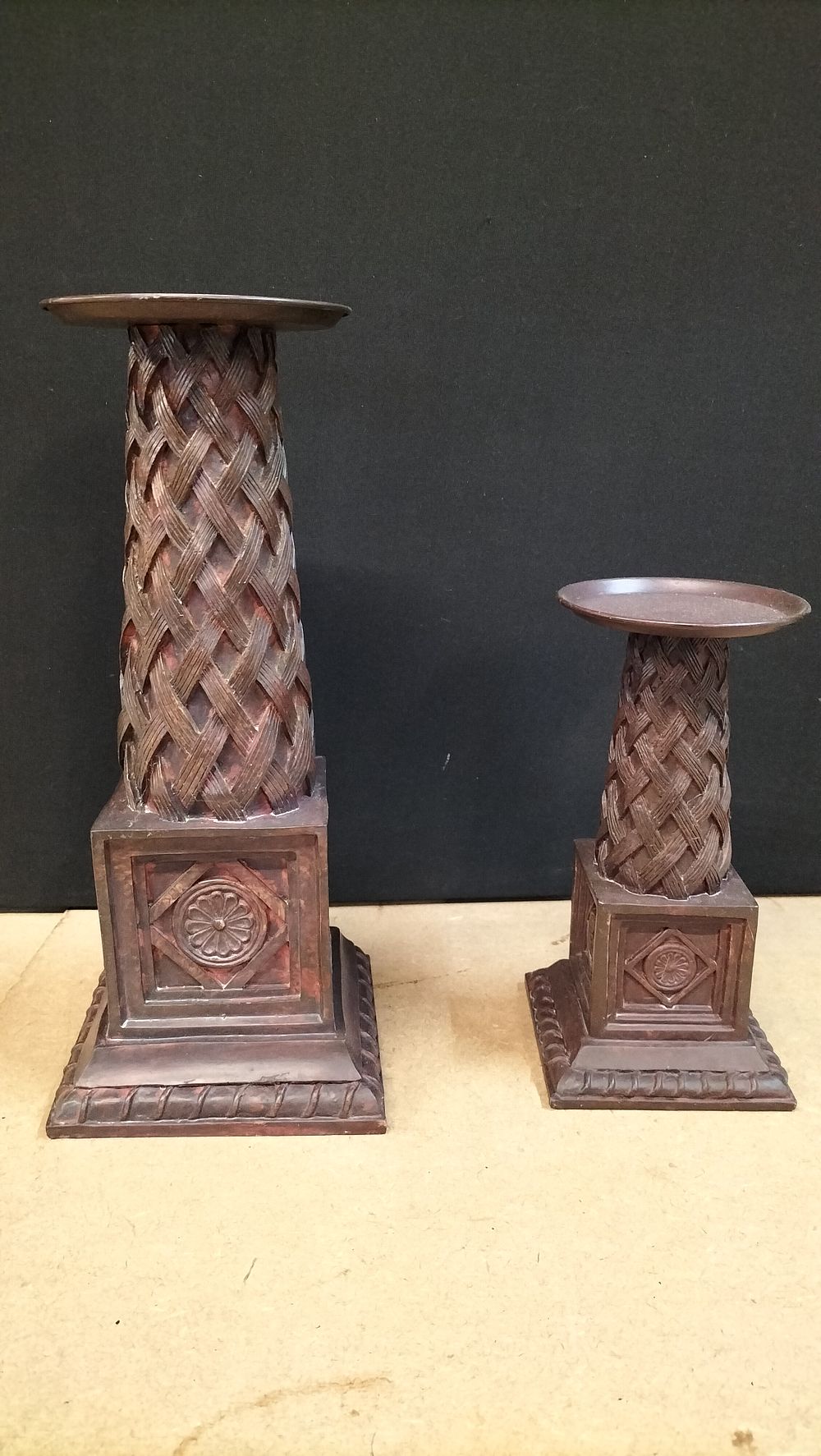 Lot 388: 2 Bronzed Composite Graduated Pillar Candle Holders