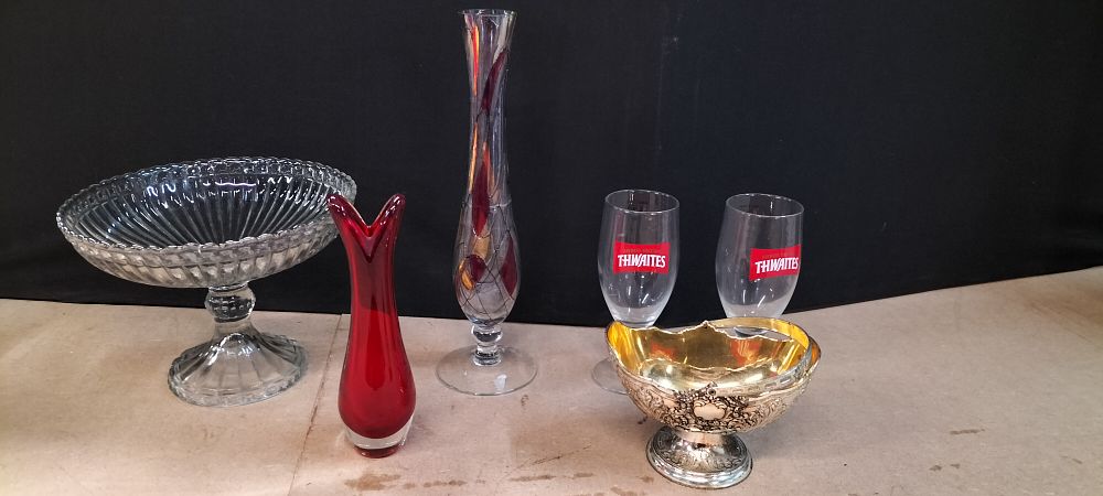 Lot 418: An Assortment of Decorative Glassware, Thwaites Brewery Glassware, and a Metal Basket