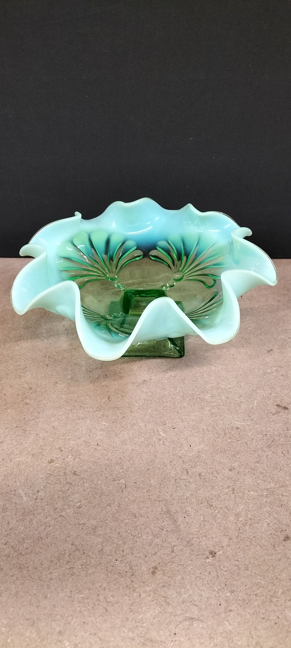 Lot 166: An Opalescent Green Pressed Glass Ruffled Pedestal Bowl