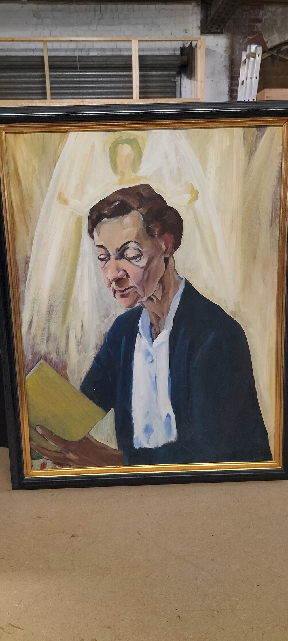 Lot 177: Seated Woman Reading with Angelic Figure, Oil on Board