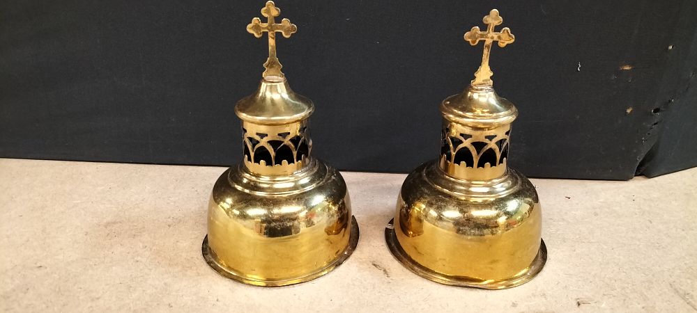 Lot 259: 2 Gothic Revival Pierced Brass Ecclesiastical Censer Covers