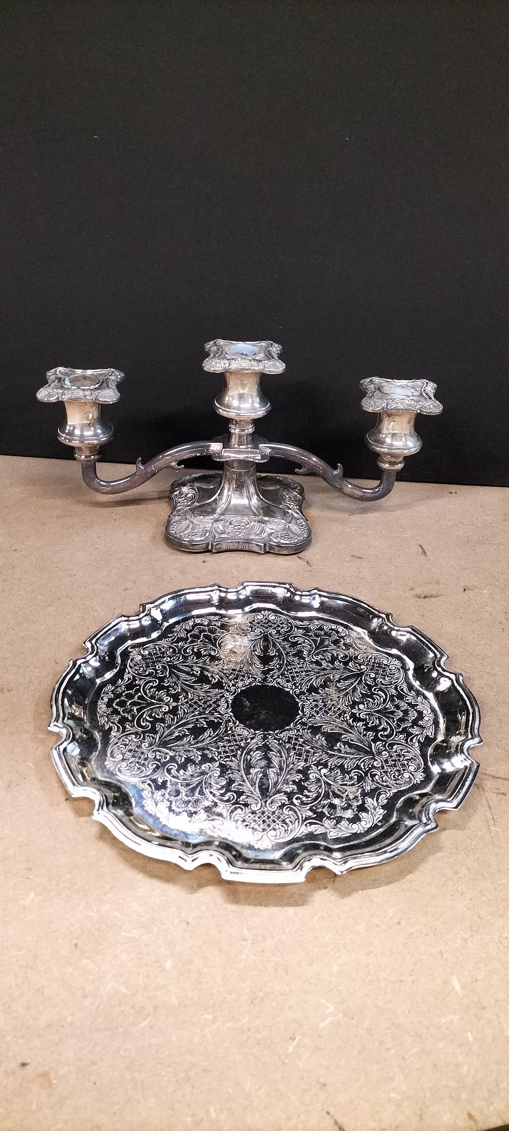 Lot 266: A Silver Plated Three Light Candelabrum and Circular Tray