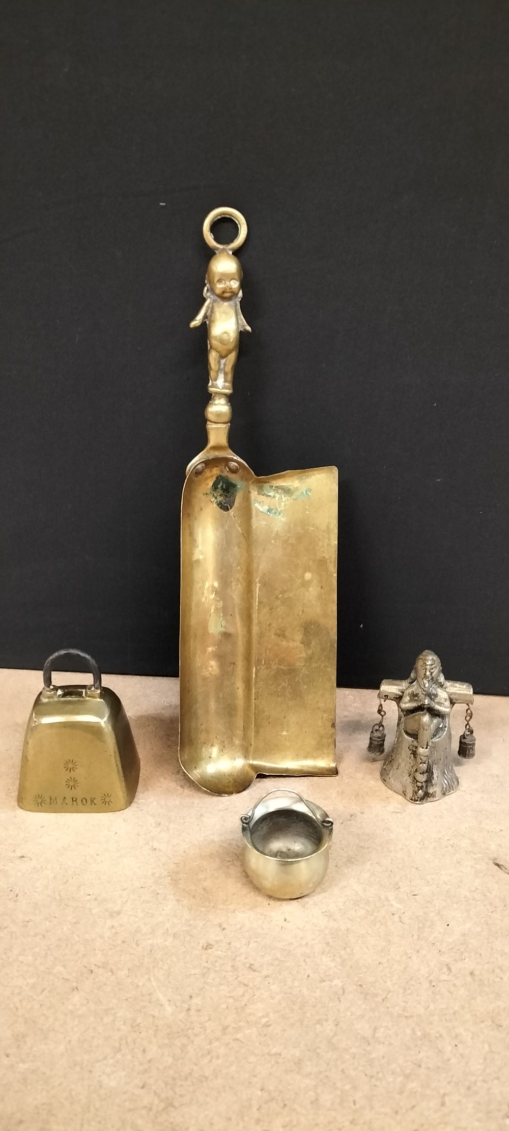 Lot 270: A Collection of Decorative Metalware including Brass Scoop and Figural Bells