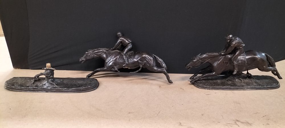 Lot 271: Two Patinated Metal Racing Horse and Jockey Sculptures by Alfred Barye