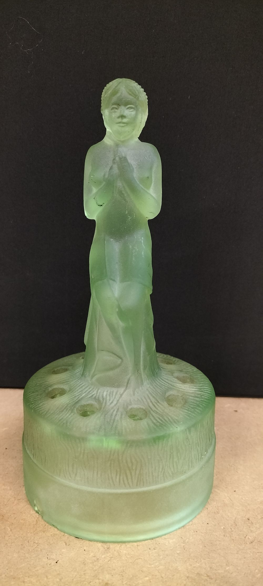 Lot 273: Art Deco Style Frosted Green Glass Figural Flower Frog