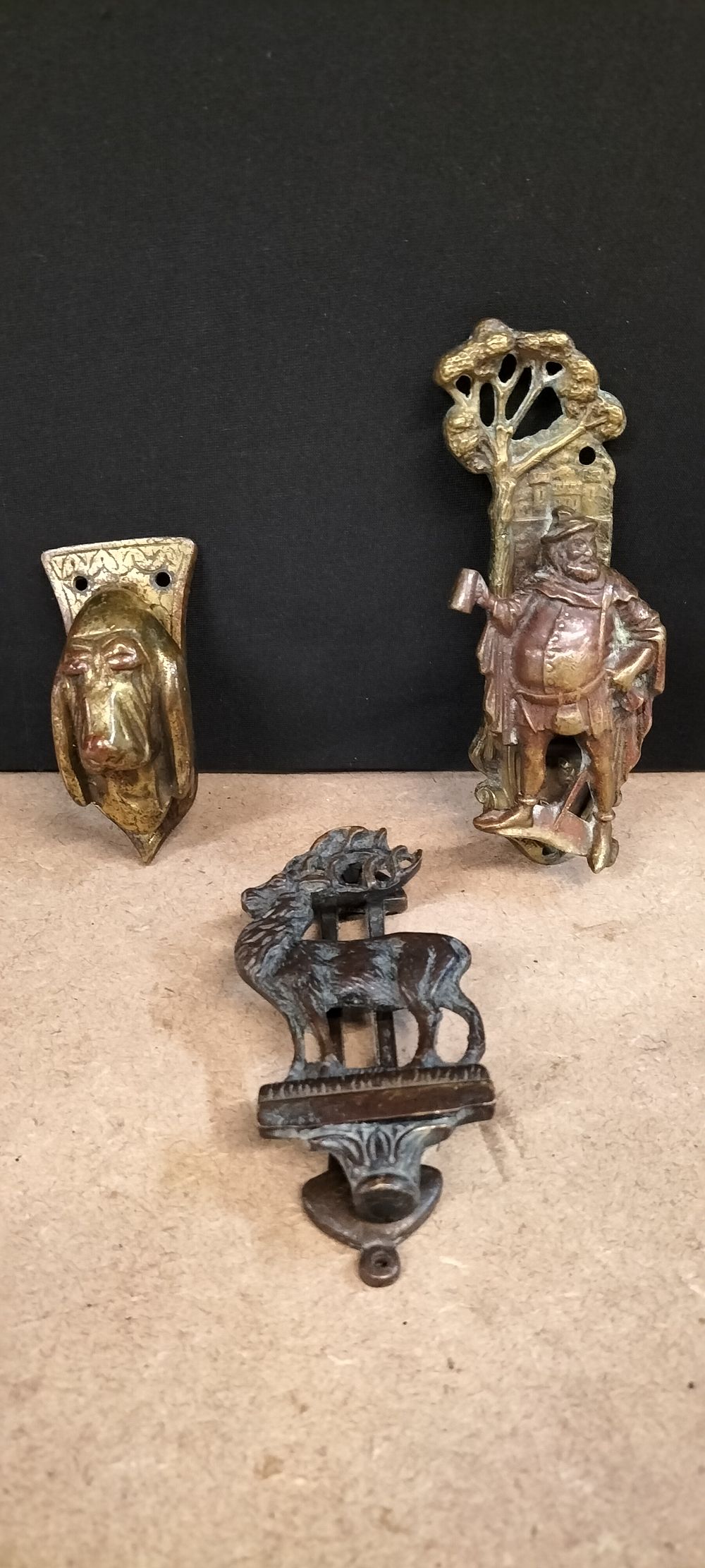 Lot 281: 3 Cast Metal Figural Door Knockers including Falstaff with Salopia Heraldry
