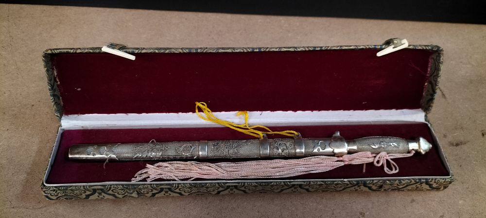 Lot 285: A Chinese Polished Steel Jian Style Short Sword and Scabbard in Presentation Box