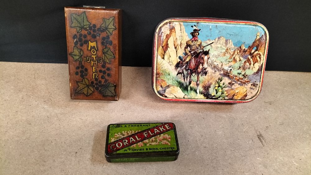 Lot 436: A Trio of Advertising Tins and a Commemorative 1919 Wooden Box