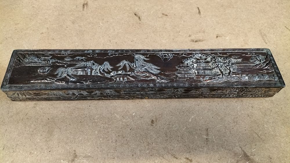 Lot 445: A Rectangular Plated Metal Hinged Box with Repousse Landscape Decoration