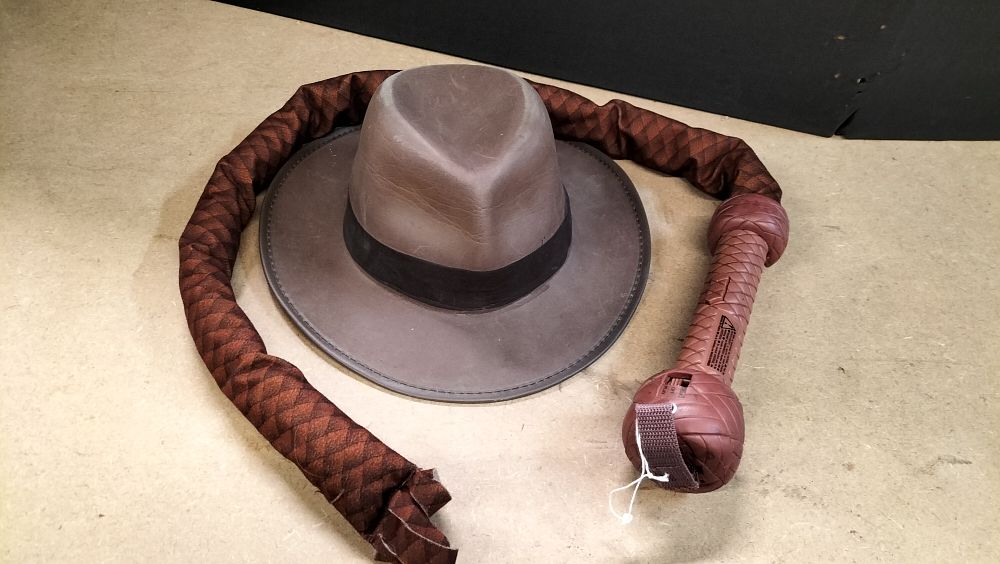 Lot 183: 2 Official Hasbro Indiana Jones Toy Costume Fedora and Electronic Whip Accessories
