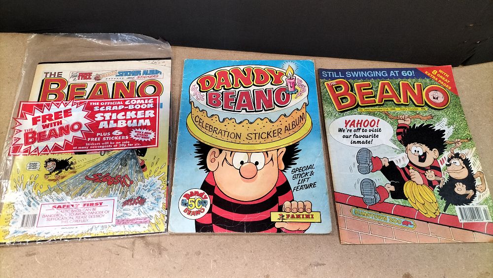 Lot 246: Two Beano Weekly Issues and a Dandy Beano Celebration Sticker Album