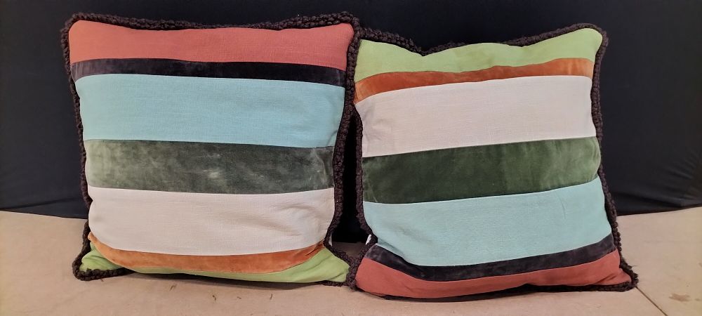 Lot 355: A Pair of Multi-Coloured Striped Patchwork Cushions