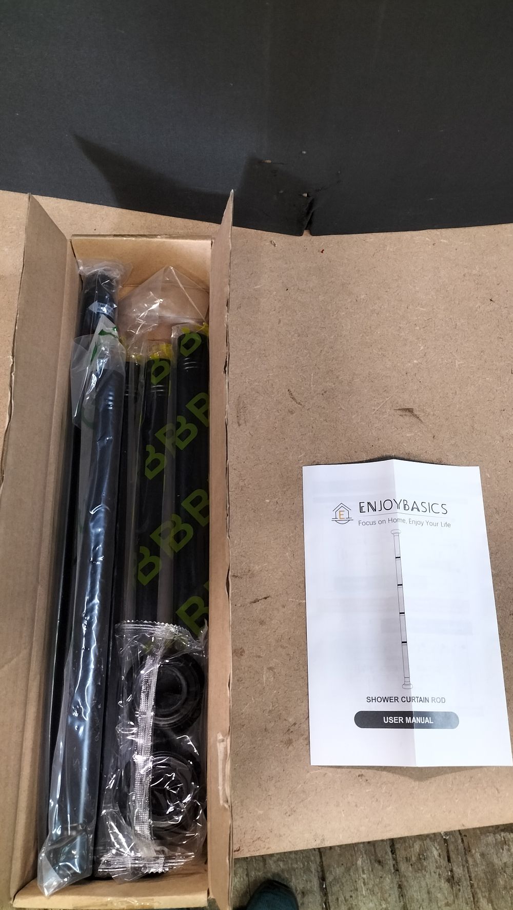 Lot 371: ENJOYBASICS Matte Black Modular Tension Shower Curtain Rod SCEB0003