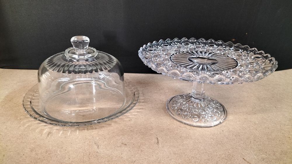 Lot 14: Two Pieces of Clear Pressed Glass Tableware Including 1950's Style Pedestal Cake Stand and Domed Dish