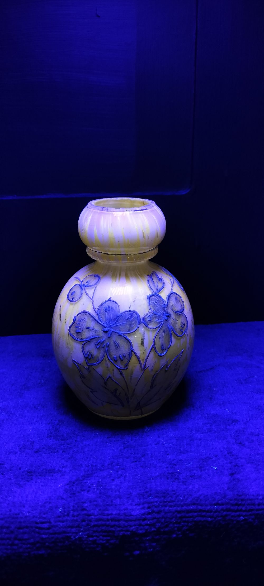Lot 17: Bohemian Style Marbled Uranium Art Glass Vase with Enamelled Floral Decoration