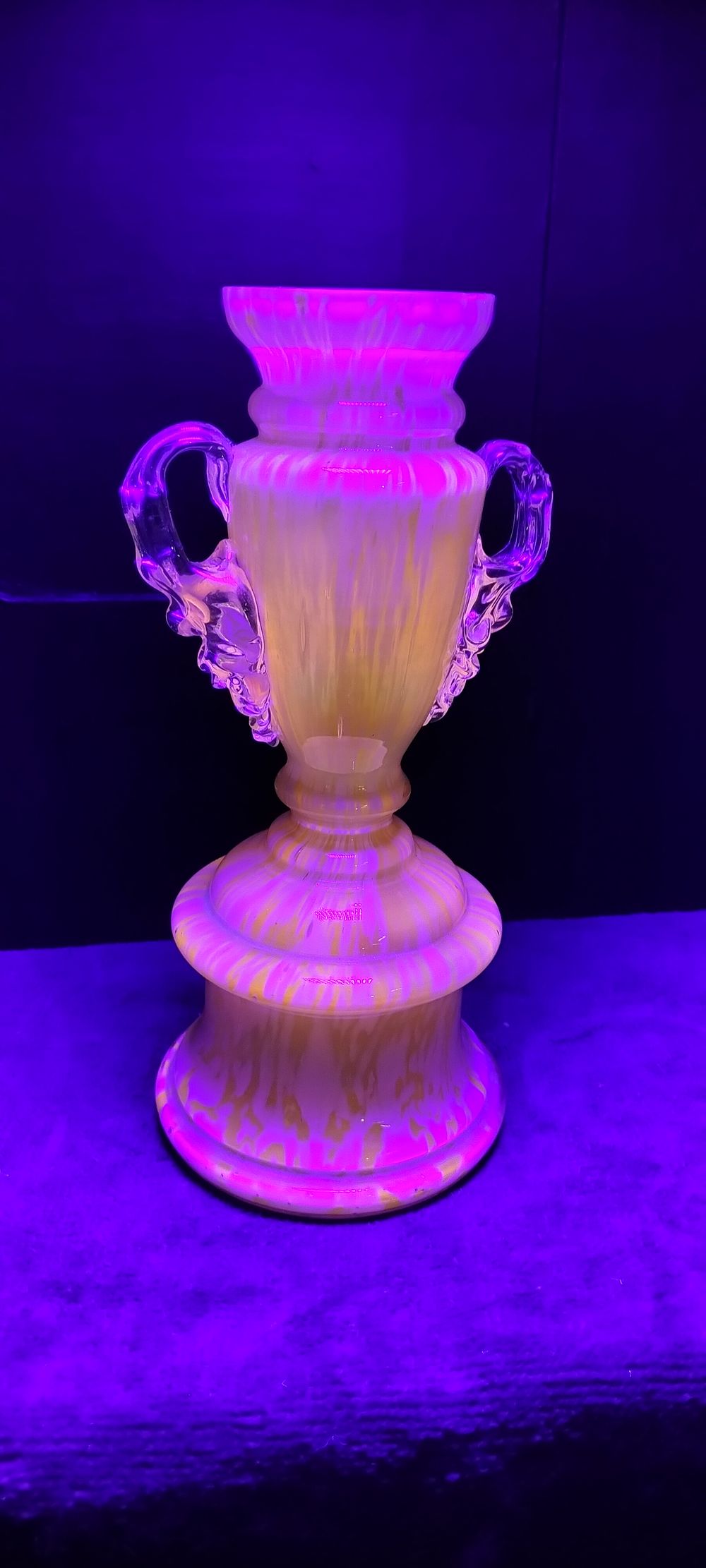 Lot 18: Welz Style Yellow and White Spatter Glass Trophy Vase. UV Reactive