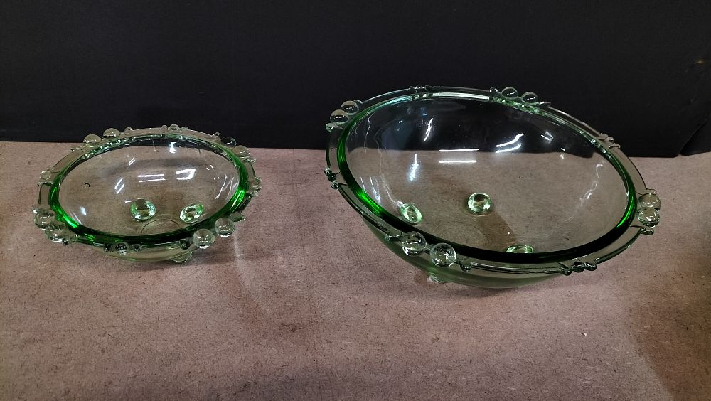 Lot 20: A Pair of Art Deco Style Green Pressed Glass Footed Bowls