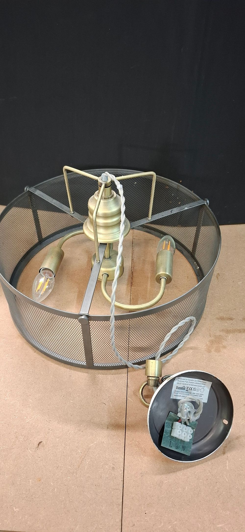 Lot 31: Dunelm Antiqued Brass Effect and Mesh Three Light Pendant Chandelier