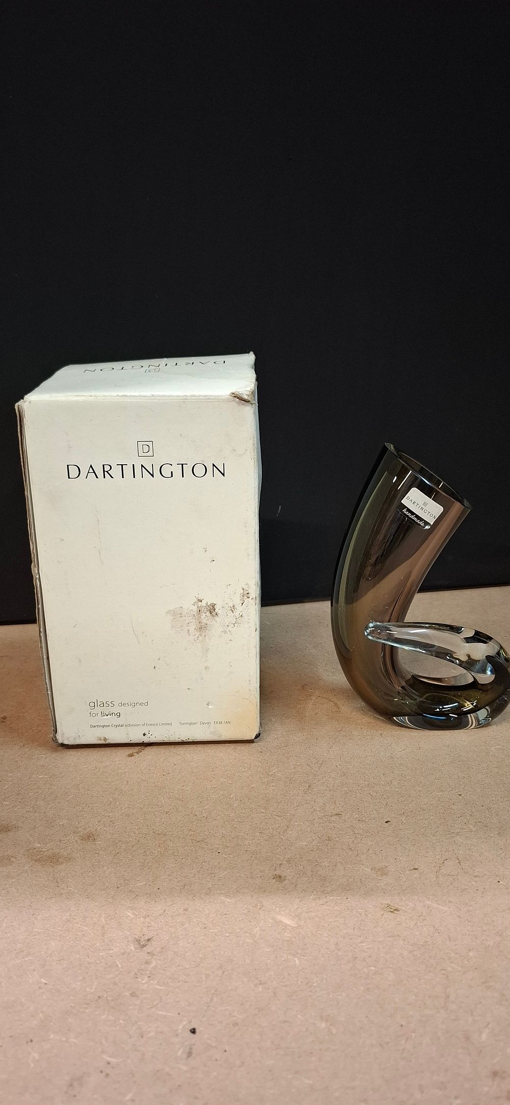 Lot 71: A Dartington Glass Handmade Smokey Grey Decorative Horn Vase