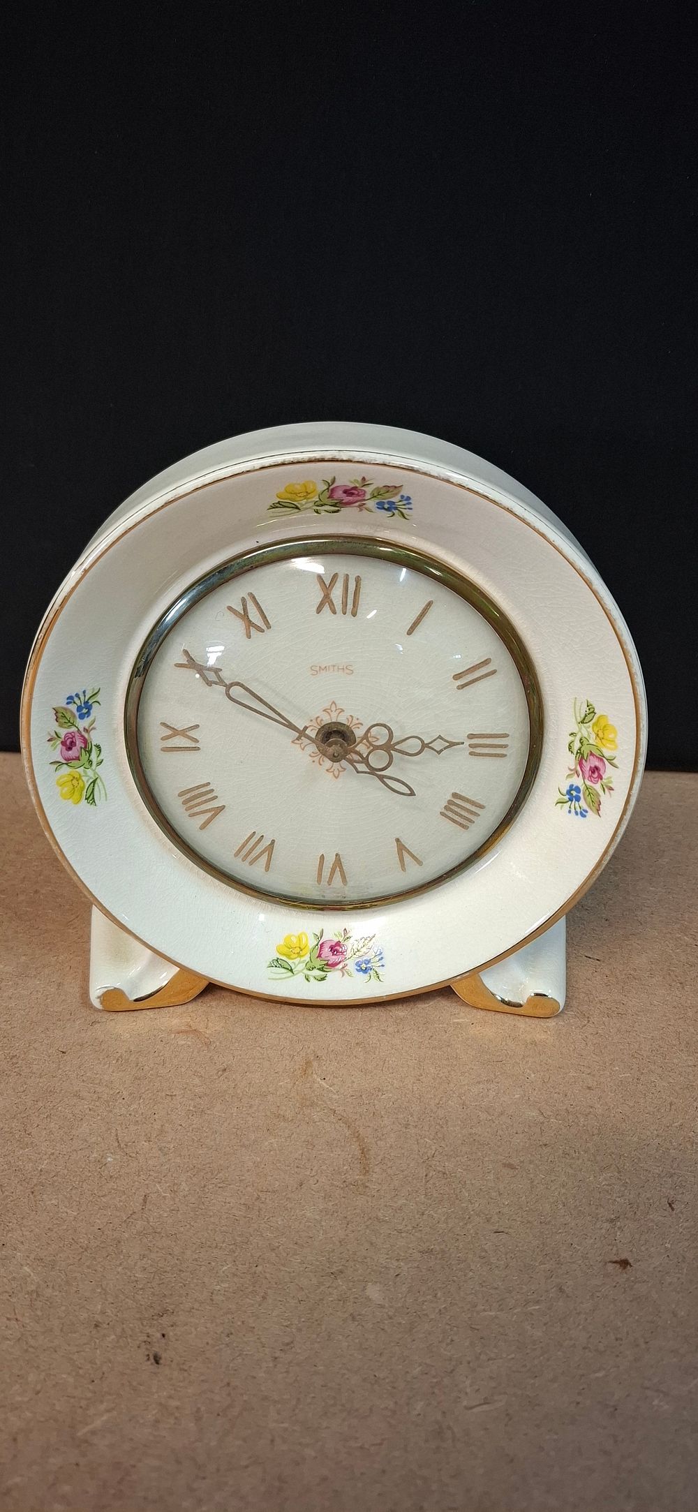 Lot 87: Vintage Smiths Ceramic Mantel Clock with Floral Decoration