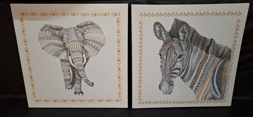 Lot 159: A Pair of Contemporary Geometric Patterned Elephant and Zebra Framed Prints