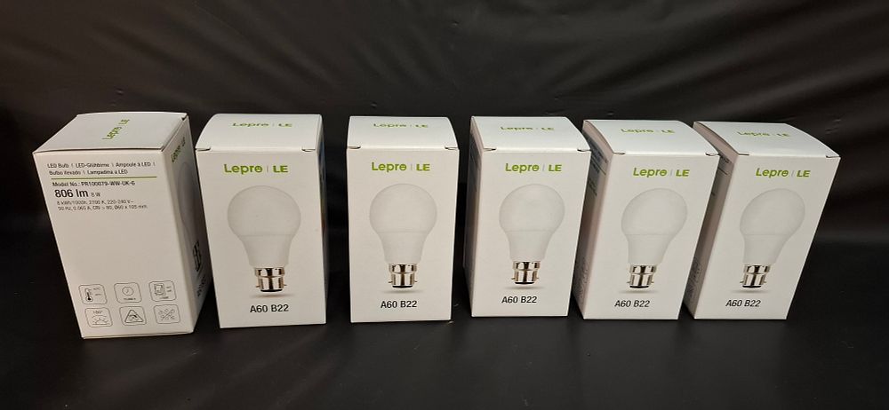 Lot 166: A Collection of 6 Lepro PR100079-WW-UK-6 8W B22 LED Light Bulbs