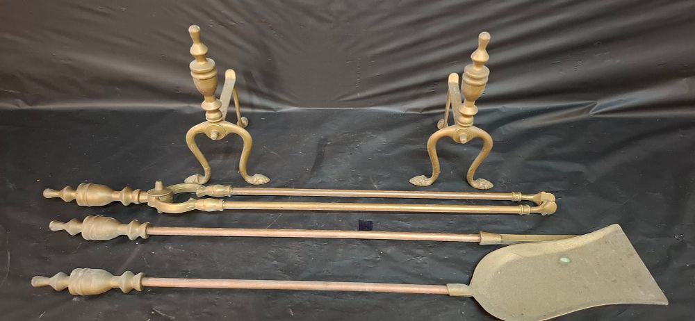 Lot 218: A Set of Brass Fireplace Accessories Comprising 2 Andirons and 3 Matching Tools