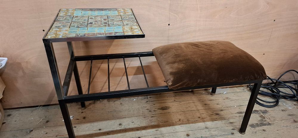 Lot 221: Mid-Century Style Steel and Ceramic Tile Mosaic Telephone Bench