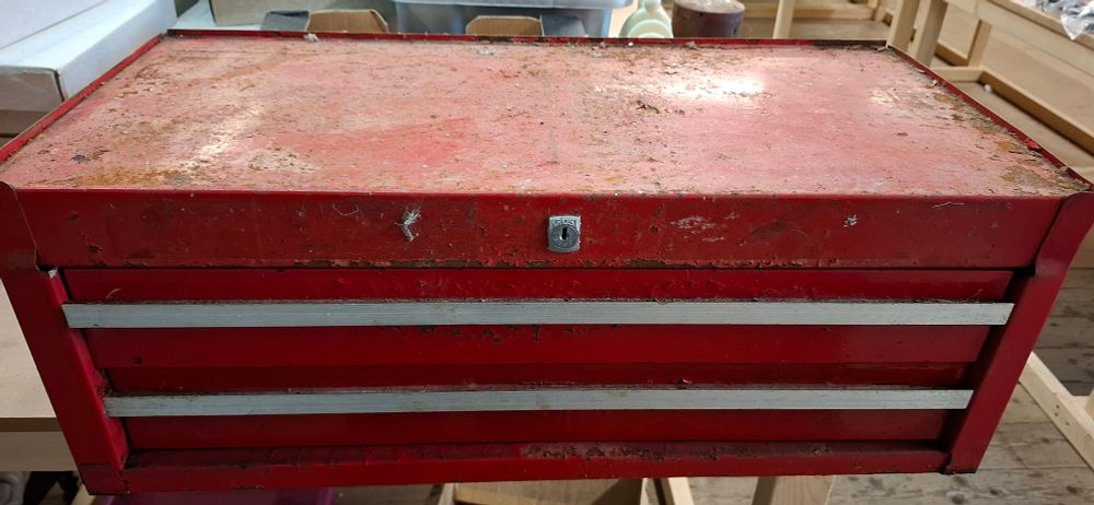 Lot 244: A Vintage Three Drawer Red Metal KROST Tool Chest and Assorted Hand Tools