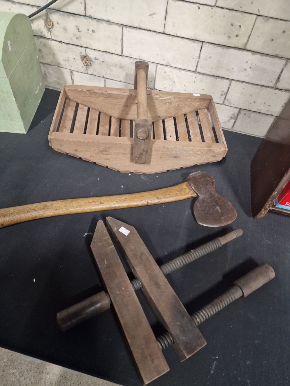 Lot 307: Vintage tools including axe and clamp